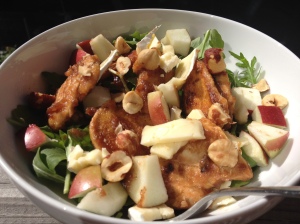 Apple butter chik'n, brie, apple, hazelnuts, and baby arugula.
